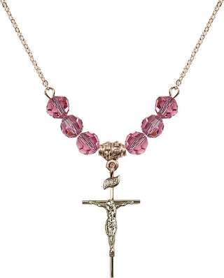 18" Hamilton Gold Plated Necklace with 4mm Rose Crystal Beads featuring a 14kt Gold Filled Crucifix Medal.