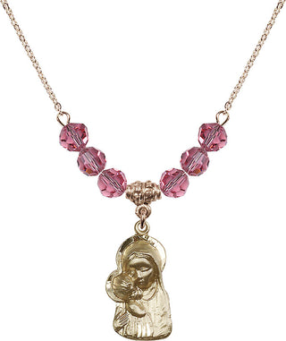 18" Hamilton Gold Plated Necklace with 4mm Rose Crystal Beads featuring a 14kt Gold Filled Madonna & Child Medal.