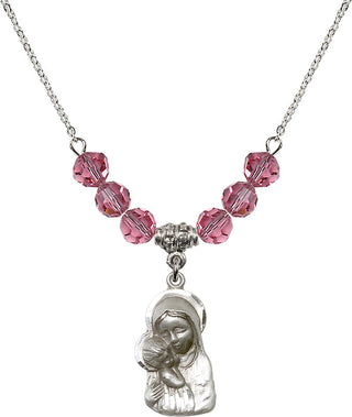18" Rhodium Plated Necklace with 4mm Rose Crystal Beads featuring a Sterling Silver Madonna & Child Medal.