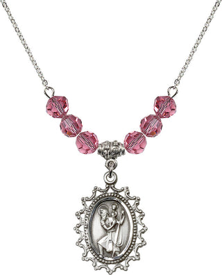 18" Rhodium Plated Necklace with 4mm Rose Crystal Beads featuring a Sterling Silver Saint Christopher Medal.