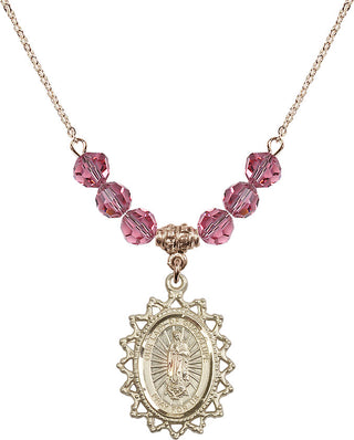 18" Hamilton Gold Plated Necklace with 4mm Rose Crystal Beads featuring a 14kt Gold Filled Our Lady of Guadalupe Medal.