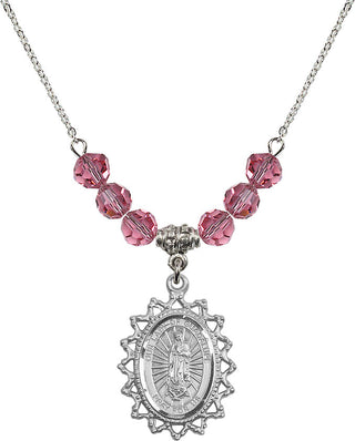 18" Rhodium Plated Necklace with 4mm Rose Crystal Beads featuring a Sterling Silver Our Lady of Guadalupe Medal.