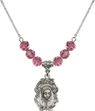 18" Rhodium Plated Necklace with 4mm Rose Crystal Beads featuring a Sterling Silver Madonna Medal.