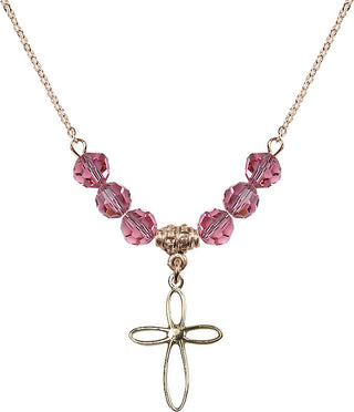 18" Hamilton Gold Plated Necklace with 4mm Rose Crystal Beads featuring a 14kt Gold Filled Loop Cross Medal.