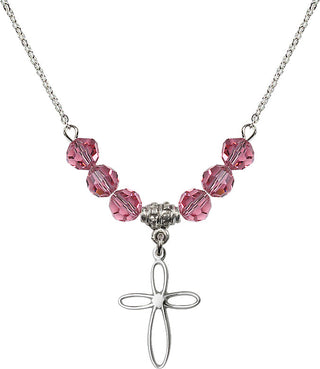 18" Rhodium Plated Necklace with 4mm Rose Crystal Beads featuring a Sterling Silver Loop Cross Medal.