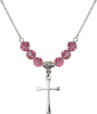 18" Rhodium Plated Necklace with 4mm Rose Crystal Beads featuring a Sterling Silver Maltese Cross Medal.