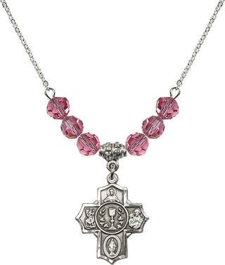 18" Rhodium Plated Necklace with 4mm Rose Crystal Beads featuring a Sterling Silver Communion/5-Way Medal.
