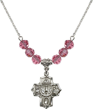 18" Rhodium Plated Necklace with 4mm Rose Crystal Beads featuring a Sterling Silver 5-Way Medal.