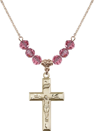 18" Hamilton Gold Plated Necklace with 4mm Rose Crystal Beads featuring a 14kt Gold Filled Crucifix Medal.