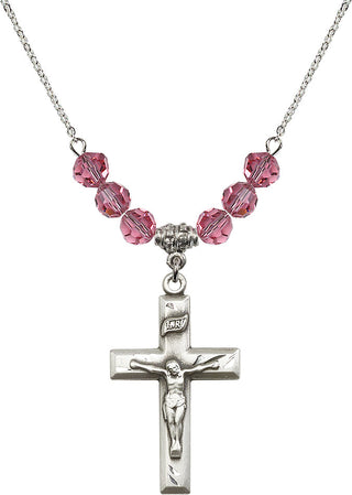 18" Rhodium Plated Necklace with 4mm Rose Crystal Beads featuring a Sterling Silver Crucifix Medal.