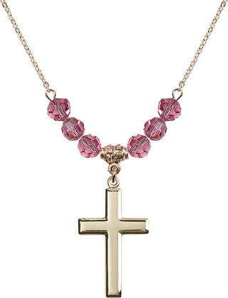18" Hamilton Gold Plated Necklace with 4mm Rose Crystal Beads featuring a 14kt Gold Filled Cross Medal.