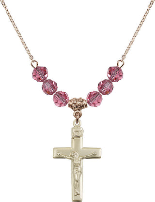 18" Hamilton Gold Plated Necklace with 4mm Rose Crystal Beads featuring a 14kt Gold Filled Crucifix Medal.