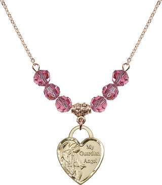 18" Hamilton Gold Plated Necklace with 4mm Rose Crystal Beads featuring a 14kt Gold Filled Guardian Angel Heart Medal. Engraved Catholic Saint Jewelry