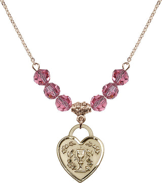 18" Hamilton Gold Plated Necklace with 4mm Rose Crystal Beads featuring a 14kt Gold Filled Communion Heart Medal. Engraved Catholic Saint Jewelry