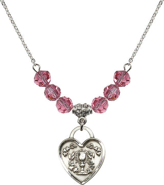 18" Rhodium Plated Necklace with 4mm Rose Crystal Beads featuring a Sterling Silver Communion Heart Medal. Engraved Catholic Saint Jewelry