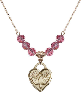 18" Hamilton Gold Plated Necklace with 4mm Rose Crystal Beads featuring a 14kt Gold Filled Confirmation Heart Medal. Engraved Catholic Saint Jewelry