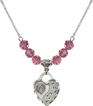 18" Rhodium Plated Necklace with 4mm Rose Crystal Beads featuring a Sterling Silver Footprints Heart Medal. Engraved Catholic Saint Jewelry