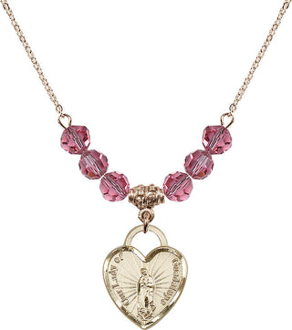 18" Hamilton Gold Plated Necklace with 4mm Rose Crystal Beads featuring a 14kt Gold Filled Our Lady Guadalupe Heart / Recuerdo Medal.