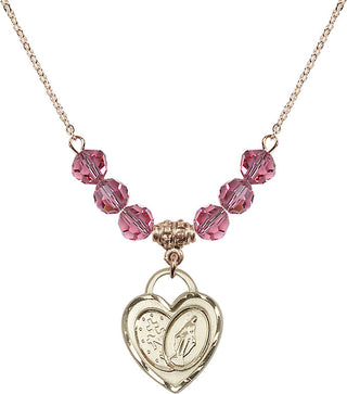 18" Hamilton Gold Plated Necklace with 4mm Rose Crystal Beads featuring a 14kt Gold Filled Miraculous Heart Medal.