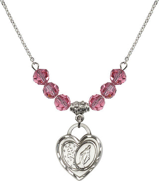 18" Rhodium Plated Necklace with 4mm Rose Crystal Beads featuring a Sterling Silver Miraculous Heart Medal.