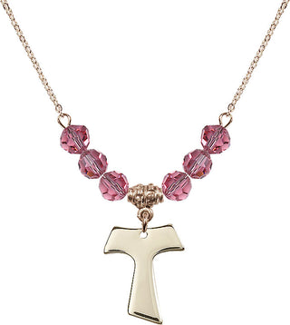 18" Hamilton Gold Plated Necklace with 4mm Rose Crystal Beads featuring a 14kt Gold Filled Tau Cross Medal.