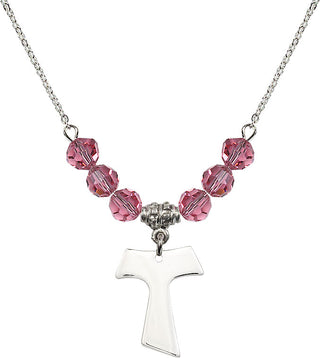 18" Rhodium Plated Necklace with 4mm Rose Crystal Beads featuring a Sterling Silver Tau Cross Medal.
