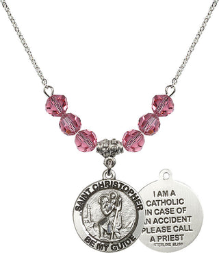 18" Rhodium Plated Necklace with 4mm Rose Crystal Beads featuring a Sterling Silver Saint Christopher Medal.