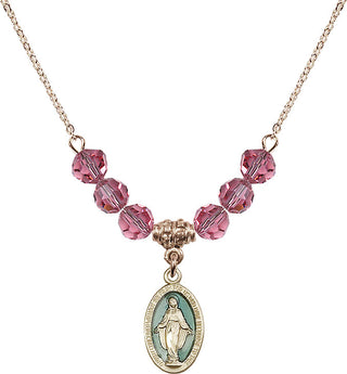 18" Hamilton Gold Plated Necklace with 4mm Rose Crystal Beads featuring a 14kt Gold Filled Miraculous Medal.