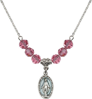 18" Rhodium Plated Necklace with 4mm Rose Crystal Beads featuring a Sterling Silver Miraculous Medal.