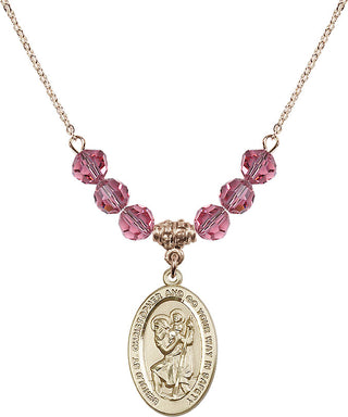 18" Hamilton Gold Plated Necklace with 4mm Rose Crystal Beads featuring a 14kt Gold Filled Saint Christopher Medal. Engraved Catholic Saint Jewelry