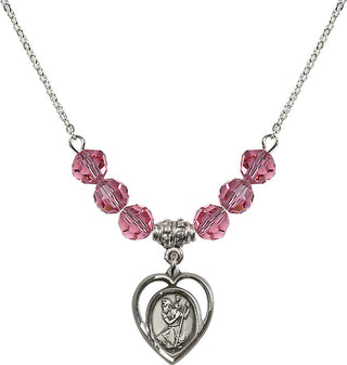 18" Rhodium Plated Necklace with 4mm Rose Crystal Beads featuring a Sterling Silver Saint Christopher Medal.