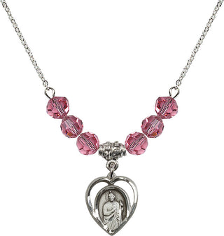 18" Rhodium Plated Necklace with 4mm Rose Crystal Beads featuring a Sterling Silver Saint Jude Medal.
