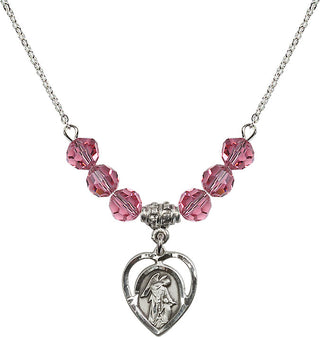 18" Rhodium Plated Necklace with 4mm Rose Crystal Beads featuring a Sterling Silver Guardian Angel Medal.