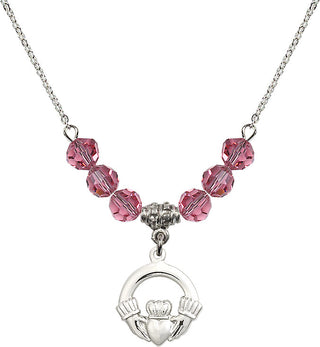 18" Rhodium Plated Necklace with 4mm Rose Crystal Beads featuring a Sterling Silver Claddagh Medal.