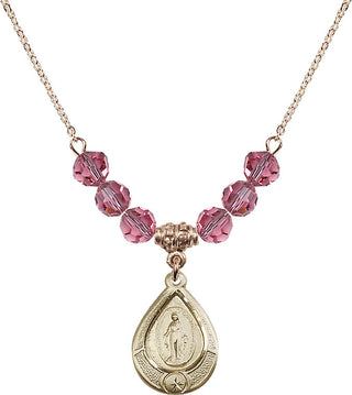 18" Hamilton Gold Plated Necklace with 4mm Rose Crystal Beads featuring a 14kt Gold Filled Miraculous Medal.