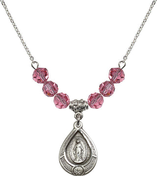 18" Rhodium Plated Necklace with 4mm Rose Crystal Beads featuring a Sterling Silver Miraculous Medal.