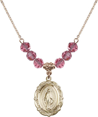 18" Hamilton Gold Plated Necklace with 4mm Rose Crystal Beads featuring a 14kt Gold Filled Miraculous Medal.