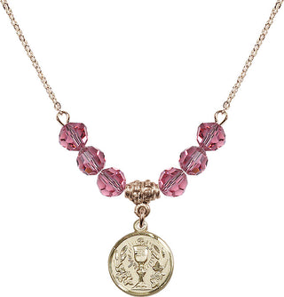 18" Hamilton Gold Plated Necklace with 4mm Rose Crystal Beads featuring a 14kt Gold Filled Communion Chalice Medal.