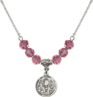 18" Rhodium Plated Necklace with 4mm Rose Crystal Beads featuring a Sterling Silver Communion Chalice Medal.