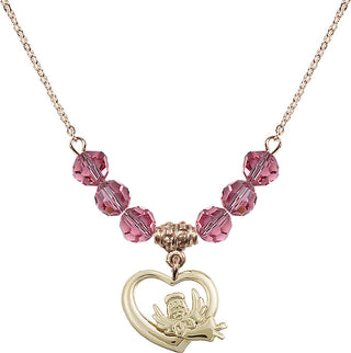 18" Hamilton Gold Plated Necklace with 4mm Rose Crystal Beads featuring a 14kt Gold Filled Heart / Guardian Angel Medal.