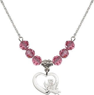 18" Rhodium Plated Necklace with 4mm Rose Crystal Beads featuring a Sterling Silver Heart / Guardian Angel Medal.