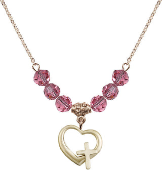 18" Hamilton Gold Plated Necklace with 4mm Rose Crystal Beads featuring a 14kt Gold Filled Heart / Cross Medal.
