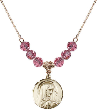 18" Hamilton Gold Plated Necklace with 4mm Rose Crystal Beads featuring a 14kt Gold Filled Sorrowful Mother Medal.