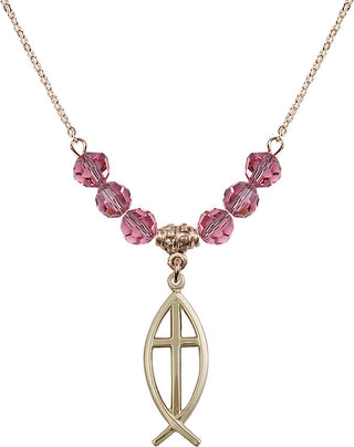 18" Hamilton Gold Plated Necklace with 4mm Rose Crystal Beads featuring a 14kt Gold Filled Fish / Cross Medal.