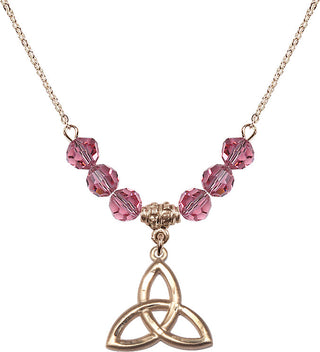 18" Hamilton Gold Plated Necklace with 4mm Rose Crystal Beads featuring a 14kt Gold Filled Trinity Irish Knot Medal.