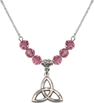 18" Rhodium Plated Necklace with 4mm Rose Crystal Beads featuring a Sterling Silver Trinity Irish Knot Medal.
