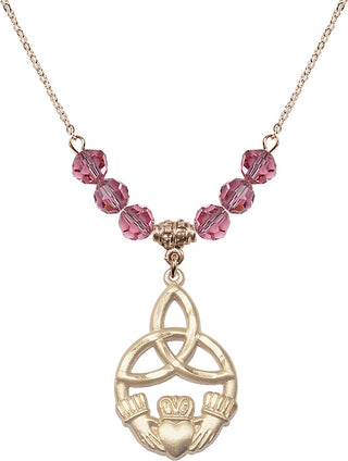 18" Hamilton Gold Plated Necklace with 4mm Rose Crystal Beads featuring a 14kt Gold Filled Irish Knot / Claddagh Medal.