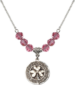 18" Rhodium Plated Necklace with 4mm Rose Crystal Beads featuring a Sterling Silver Shamrock with Celtic Border Medal.