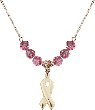 18" Hamilton Gold Plated Necklace with 4mm Rose Crystal Beads featuring a 14kt Gold Filled Cancer Awareness Medal.