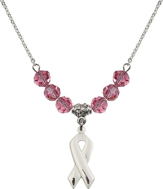 18" Rhodium Plated Necklace with 4mm Rose Crystal Beads featuring a Sterling Silver Cancer Awareness Medal.